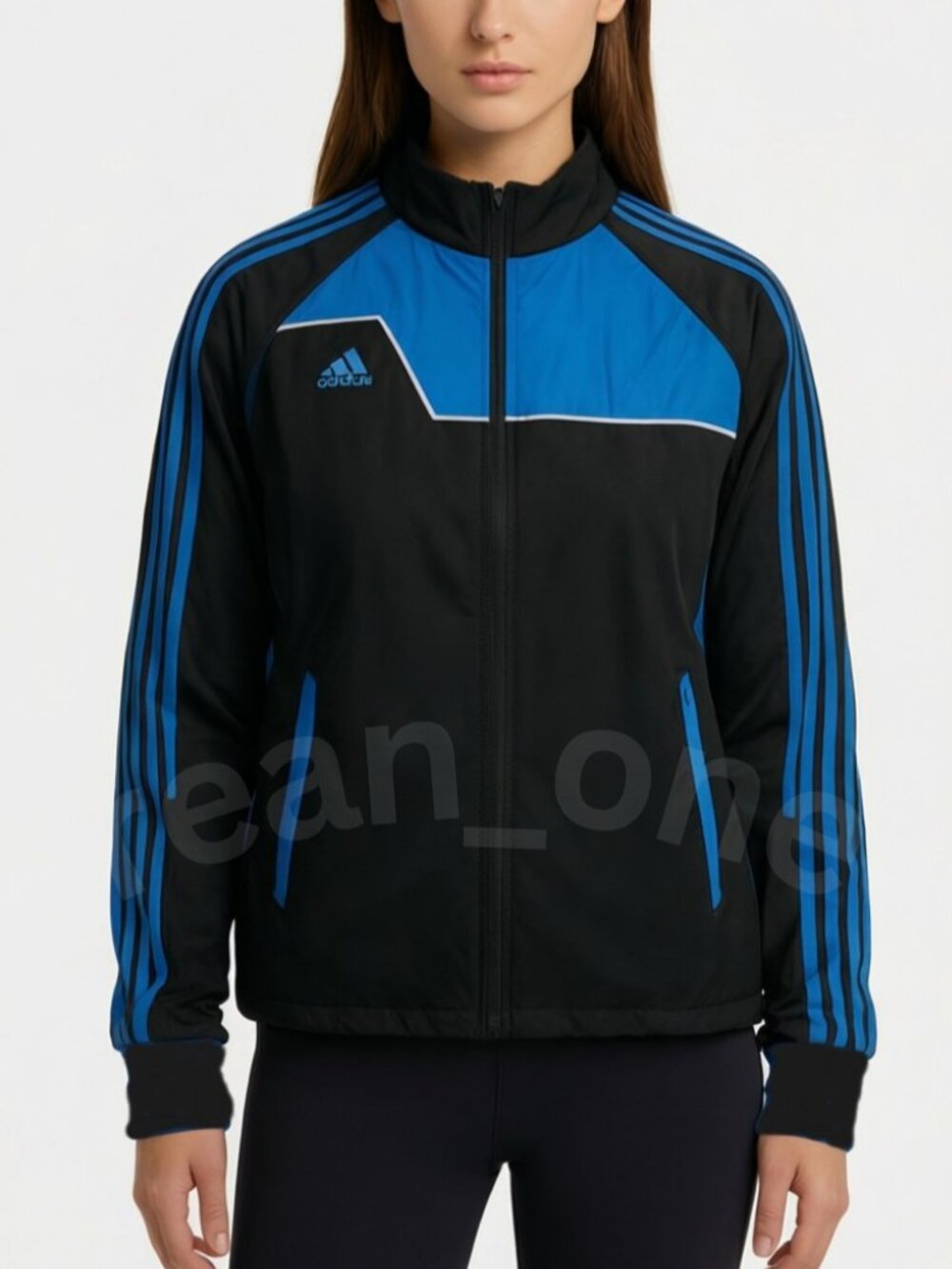 Adidas Women's Climalite Full Zip Front Blue 3-Stripes Black Jacket Size Large